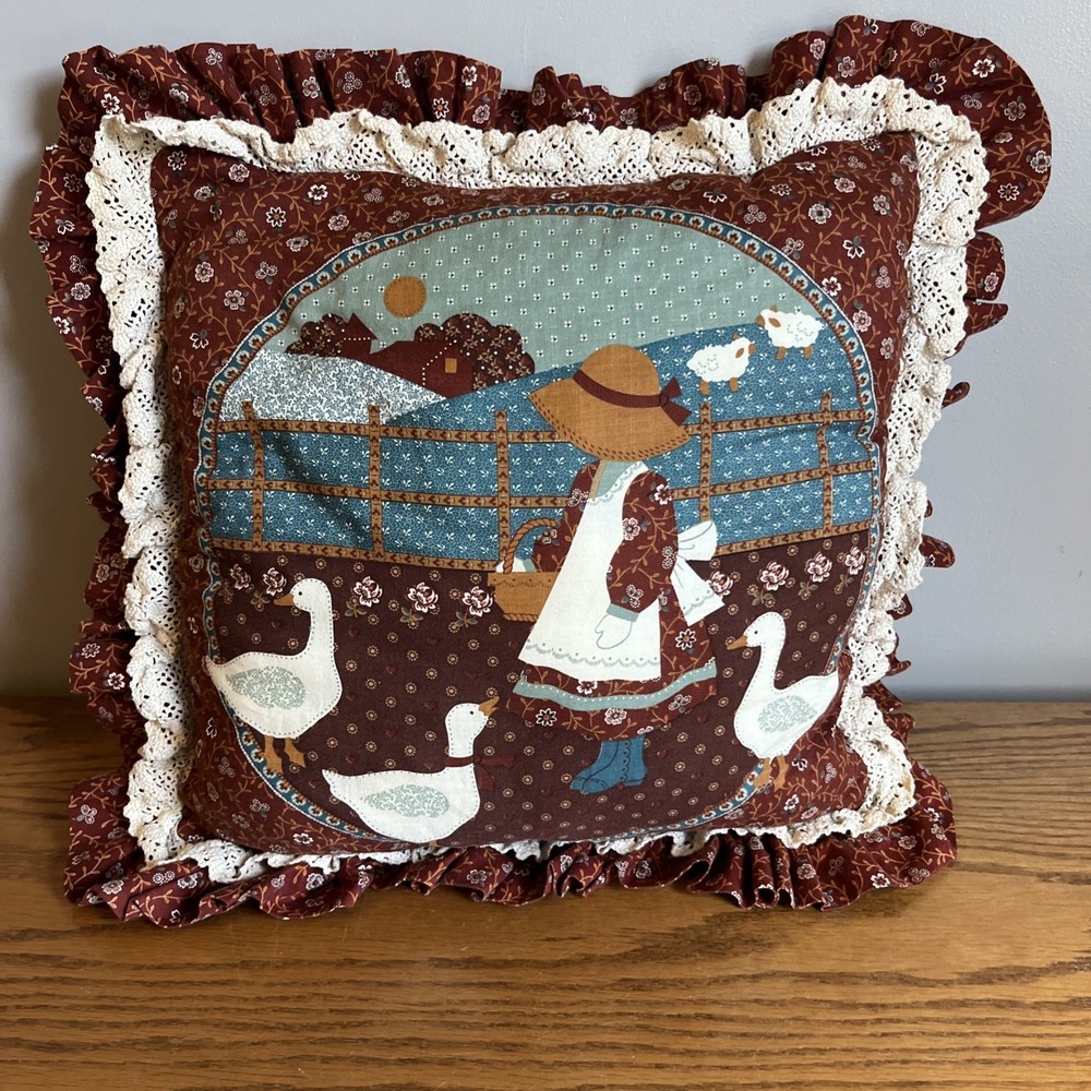 Vintage 1970's Old Country Style Pillow Goose Girl Floral Pattern Cottagecore